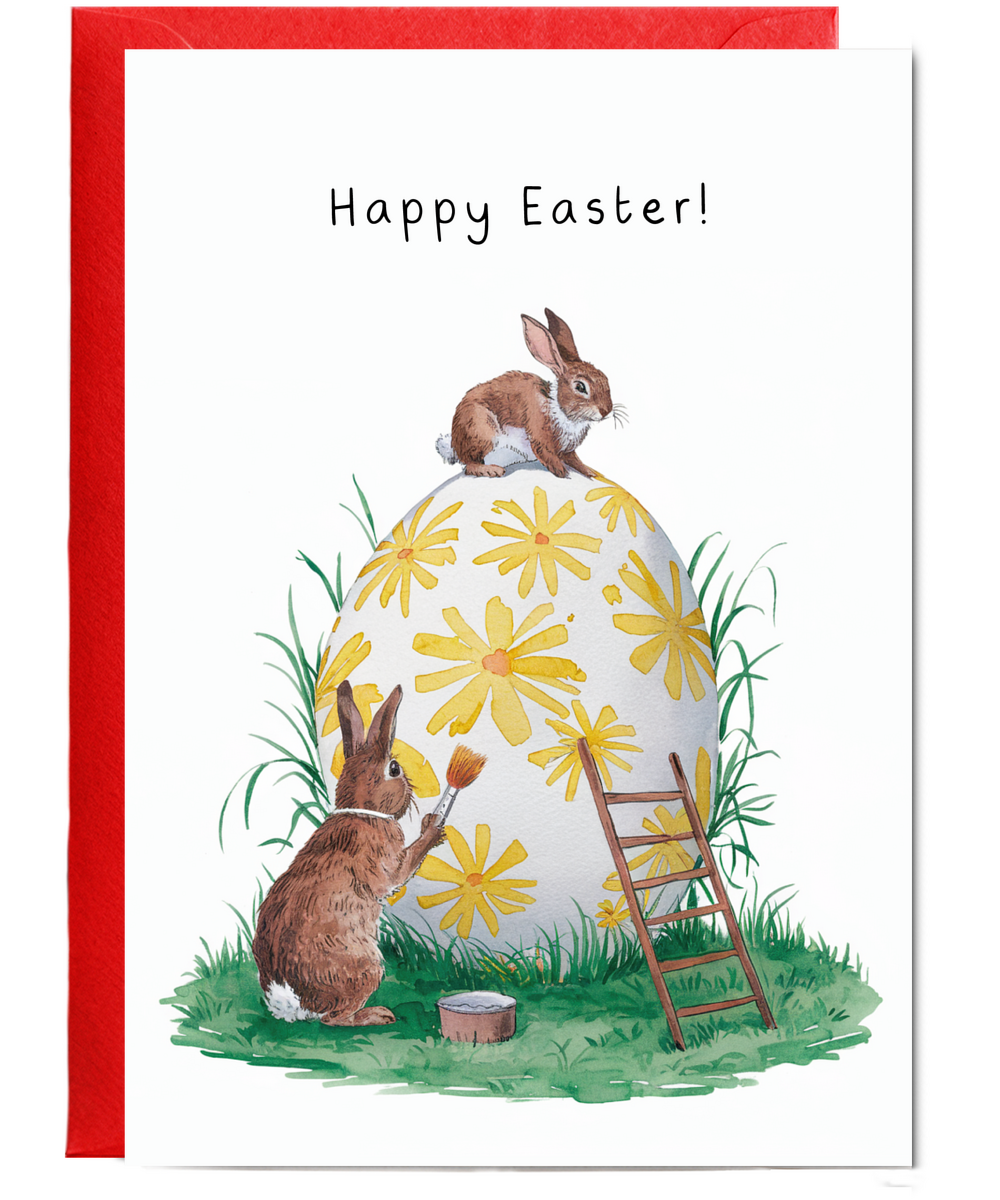 A Bunny Easter Card with Little Rabbits and Painted Eggs