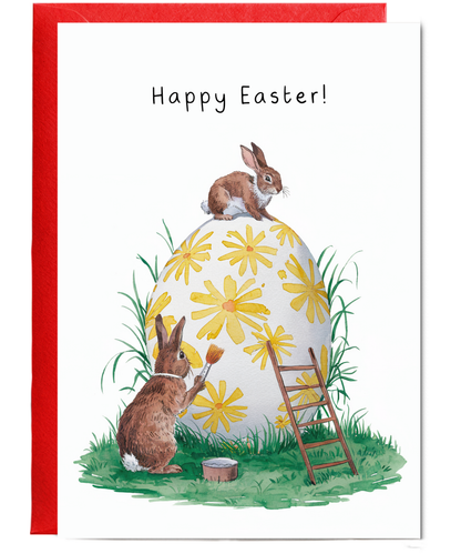 A Bunny Easter Card with Little Rabbits and Painted Eggs