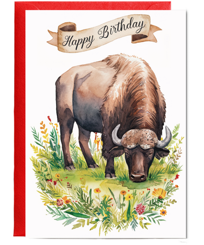 Happy Birthday cute buffalo watercolour