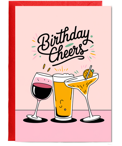Birthday Cheers Card for her wine, beer, and cocktail pink
