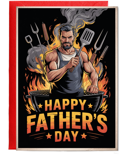 Funny Fathers Day Card Big Muscly Super Chad Dad at the BBQ