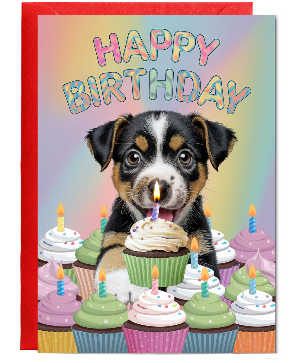 Happy Birthday - Puppy with a Cupcake