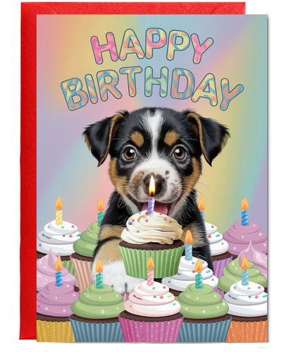 Happy Birthday - Puppy with a Cupcake