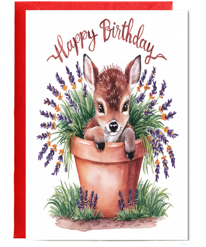 Happy Birthday cute baby deer, calf, fawn plant pot lavender watercolour