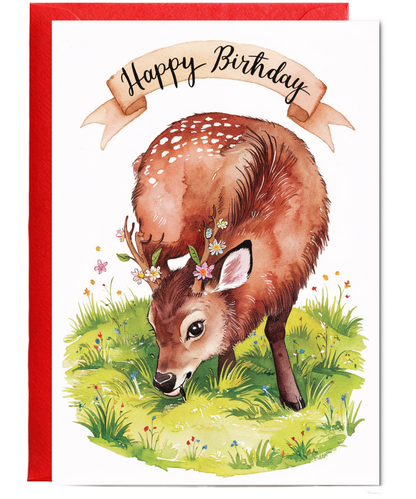Happy Birthday cute musk deer watercolour