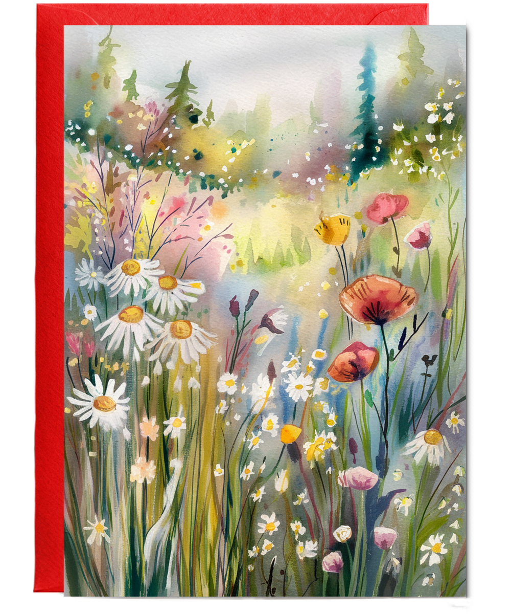 Watercolour meadow filled with wildflowers