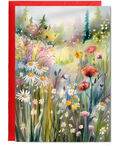 Watercolour meadow filled with wildflowers