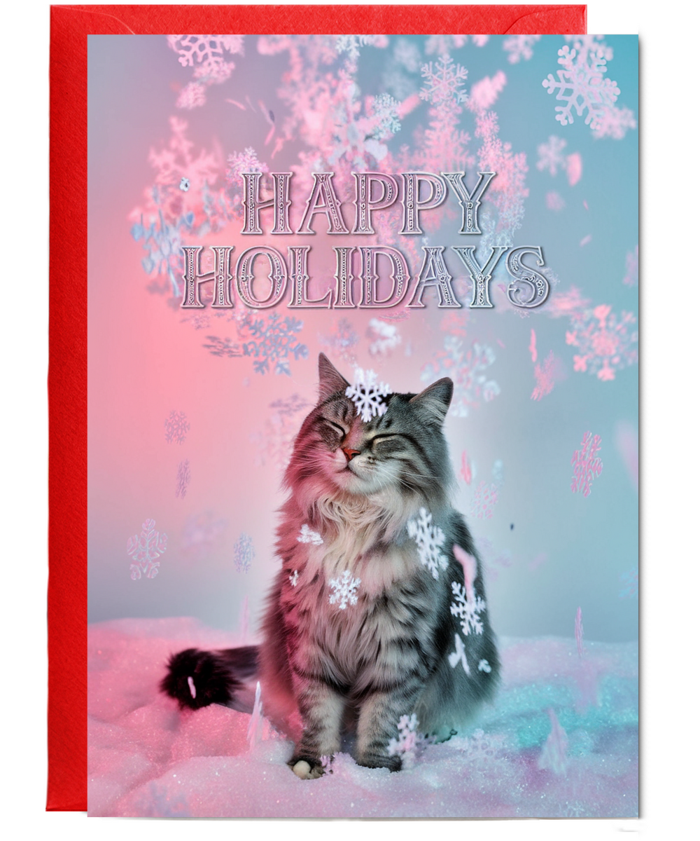Happy Holidays with Cat with Snowflakes