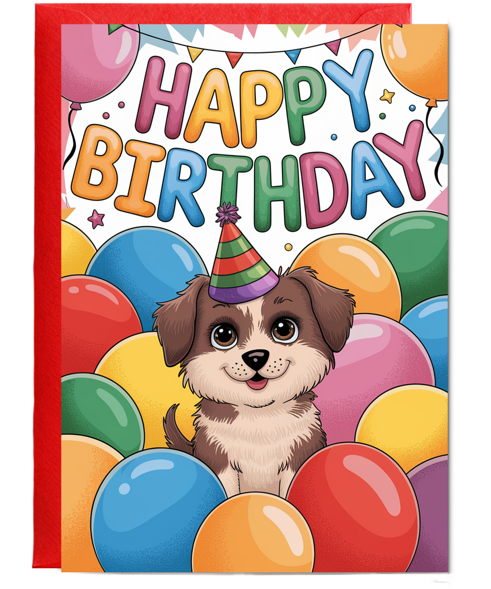 Happy Birthday - Puppy with Balloons