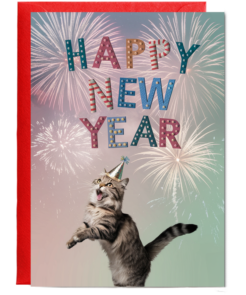 Happy New Year with Cat with Fireworks