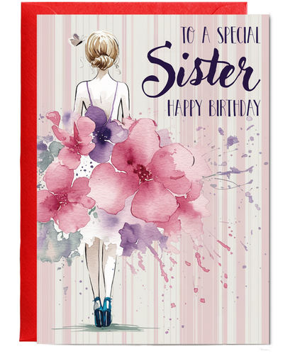 to a special sister happy birthday water coloured flower dress