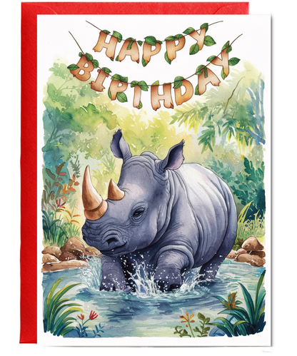 Happy Birthday cute rhinoceros watercolour