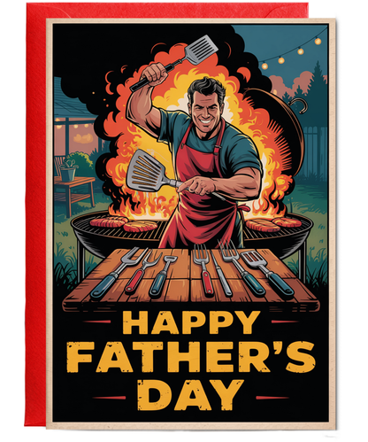Funny Fathers Day Card Big Muscly Charming Dad at the BBQ