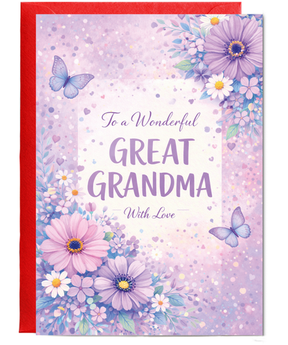 Grandma Birthday Card To a Wonderful Great Grandma With Love Violet Butterflies