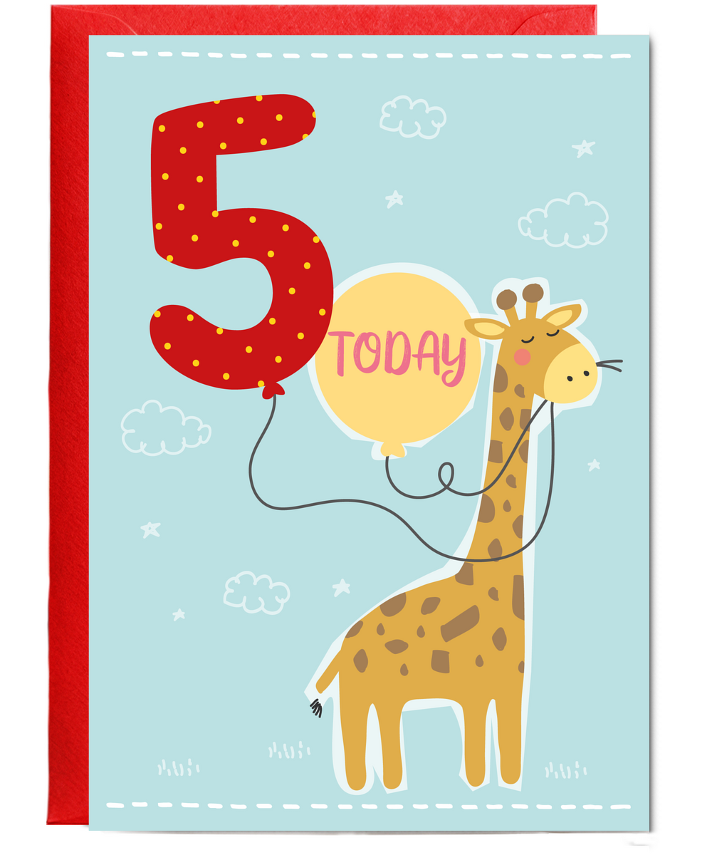 Childrens Birthday Card Five Today Balloon with Cute Giraffe