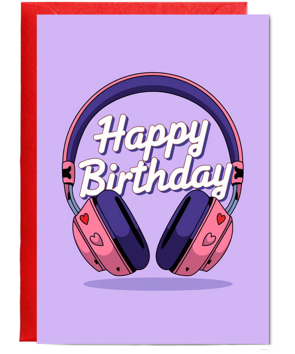 Happy Birthday Card headphones with heart