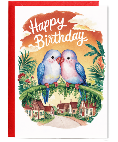 Happy Birthday cute two lovebirds watercolour