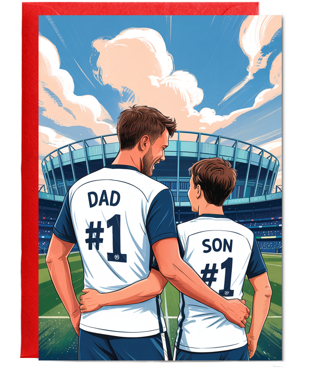 football white and blue number one dad and son