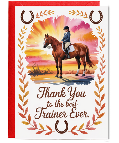 Thank You Card for Riding Instructor with Horse and Sunset