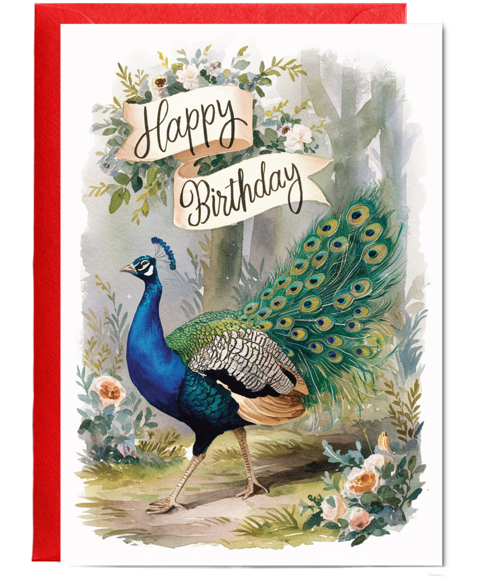 Happy Birthday cute peacock watercolour