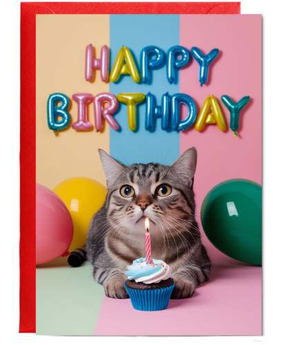 Happy Birthday with Cat with a Cupcake