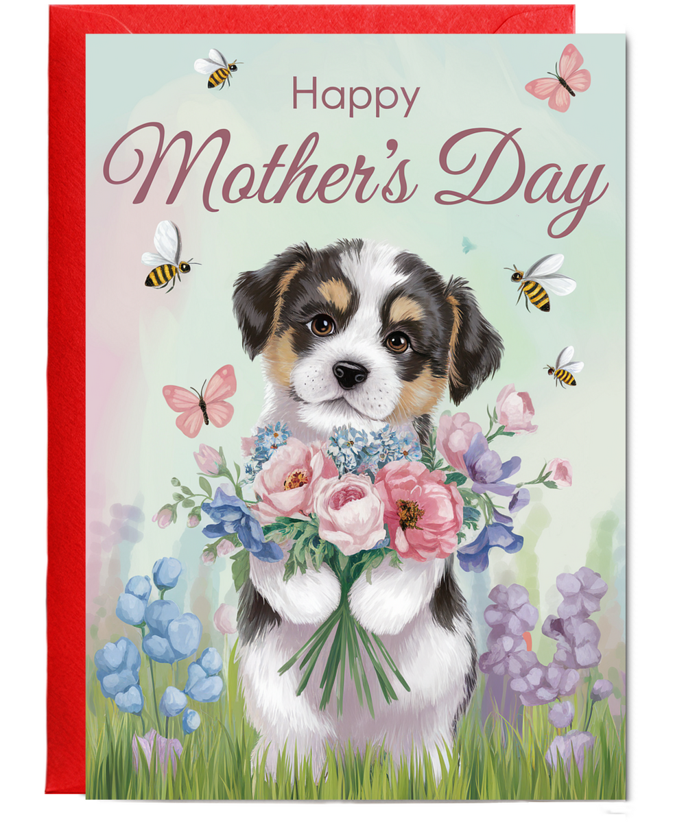 Happy Mother's Day - Puppy with Flowers