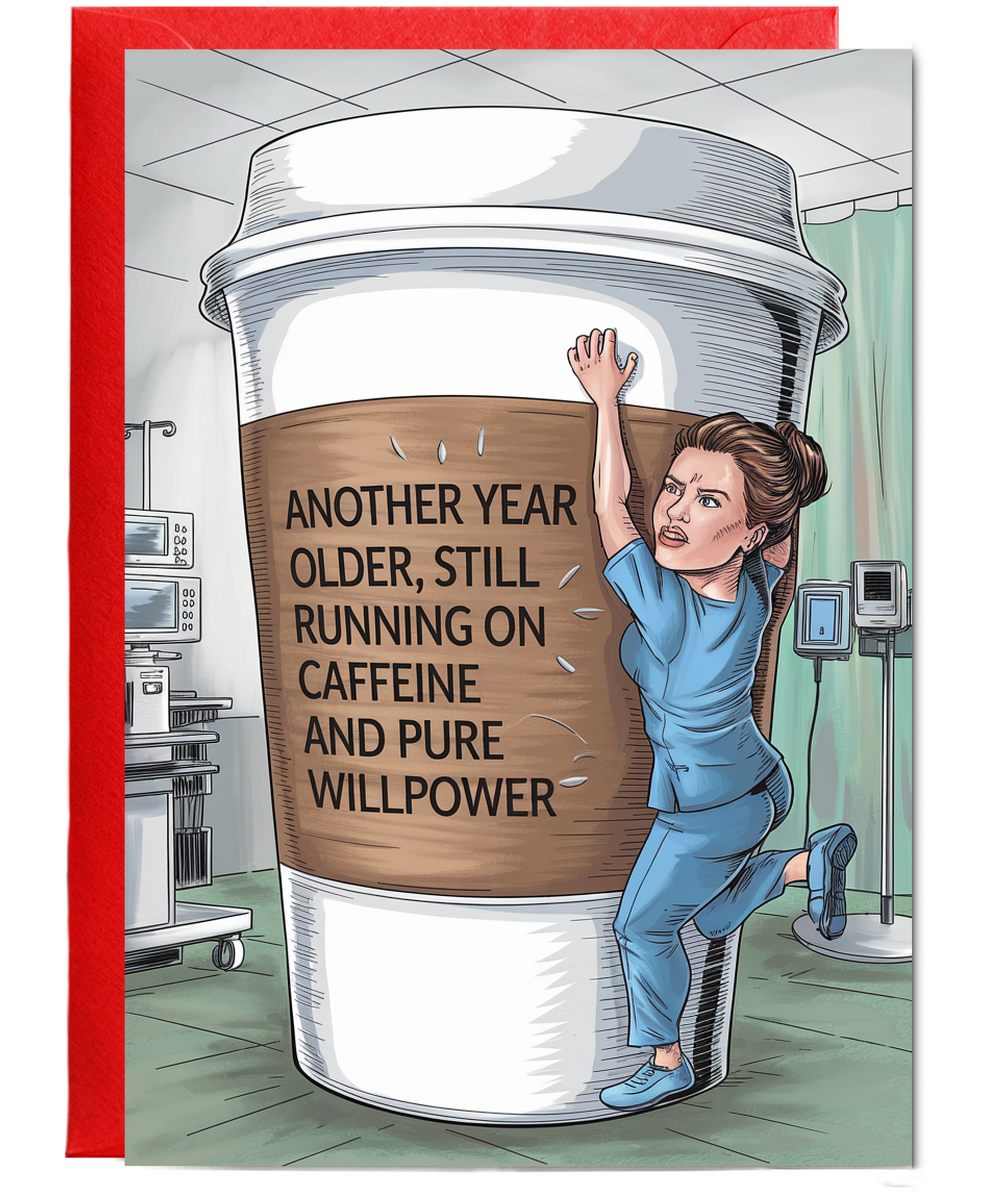 Nurse Birthday Card Another Year Older, Still Running on Caffeine and Pure Willpower