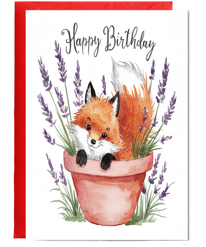 Happy Birthday cute fox plant pot lavender watercolour