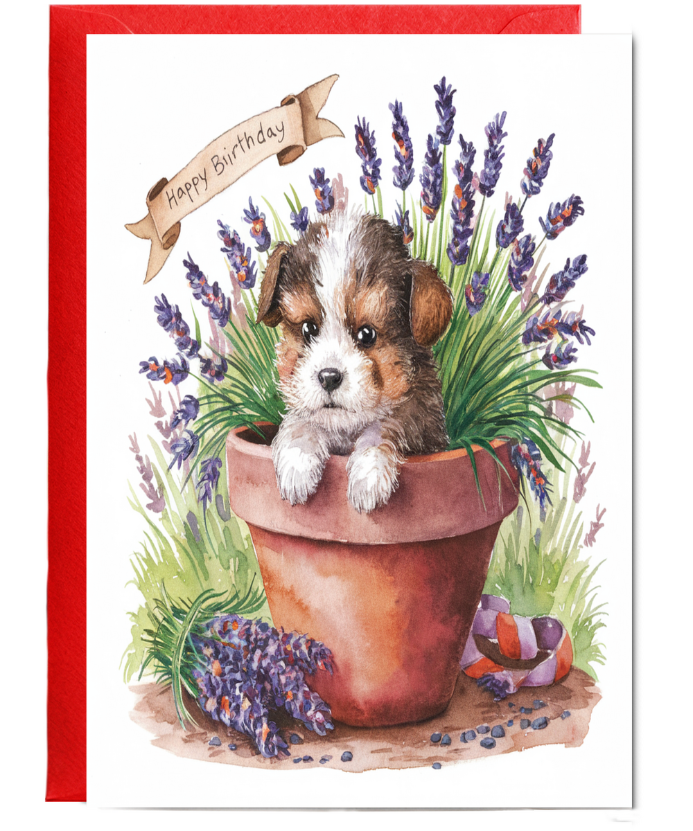 Happy Birthday cute dog plant pot lavender watercolour