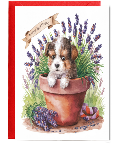 Happy Birthday cute dog plant pot lavender watercolour