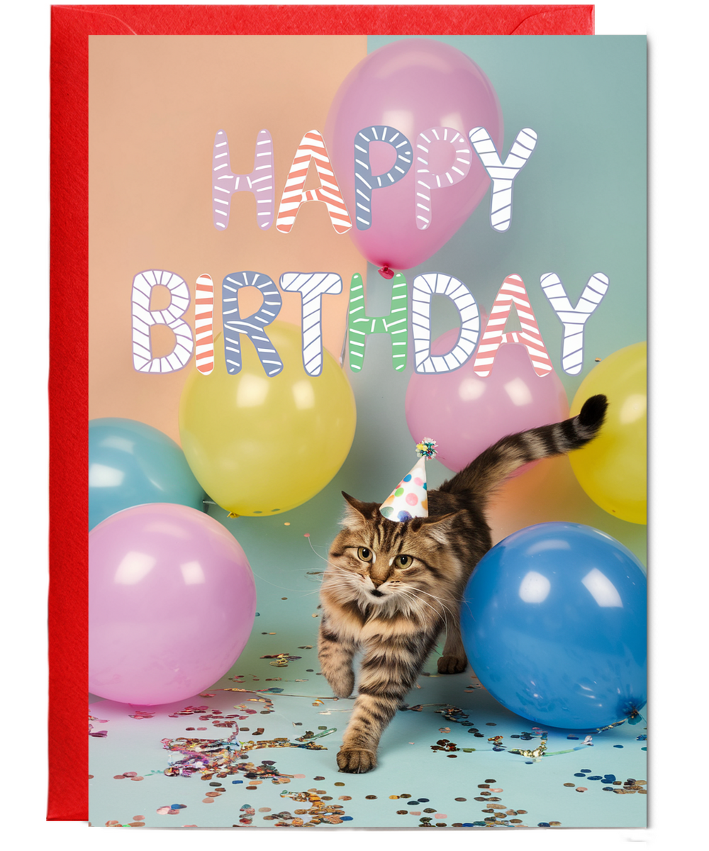Happy Birthday with Cat with Balloons