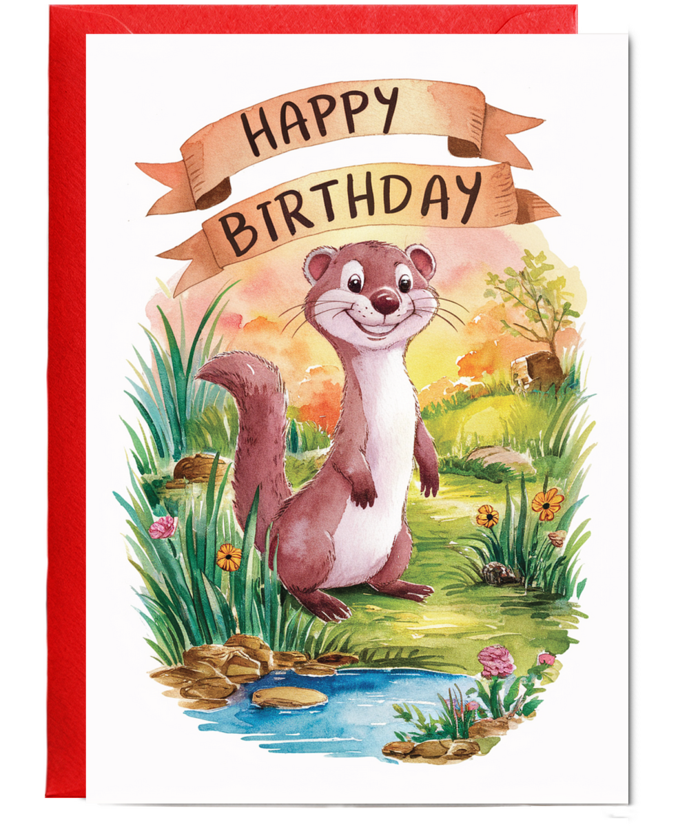 Happy Birthday cute weasel watercolour