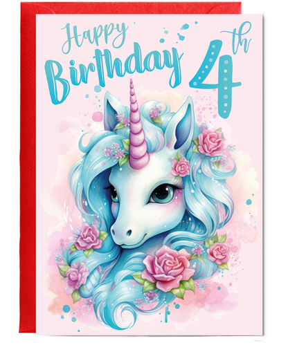 Childrens Magical 4th Birthday Card with Enchanted Unicorn for Granddaughter