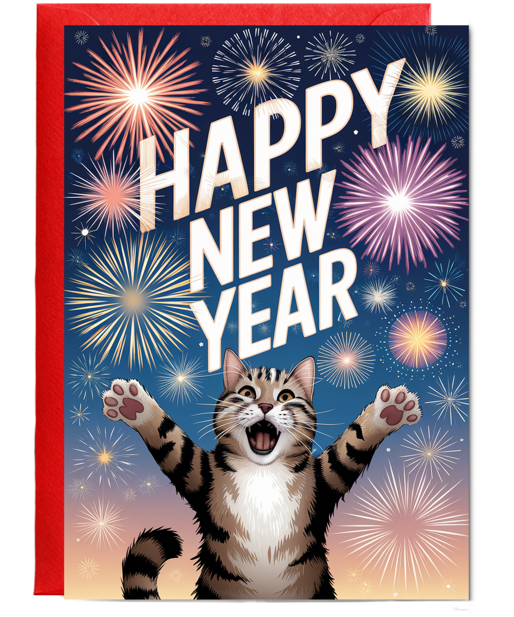 Happy New Year - Cat with Fireworks