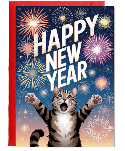 Happy New Year - Cat with Fireworks