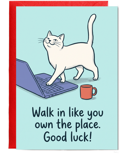 New Job Card for Colleague, Confident Desk Cat