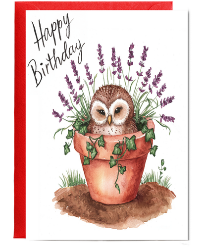 Happy Birthday cute owl plant pot lavender watercolour