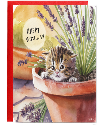 Happy Birthday cute kitten plant pot lavender watercolour