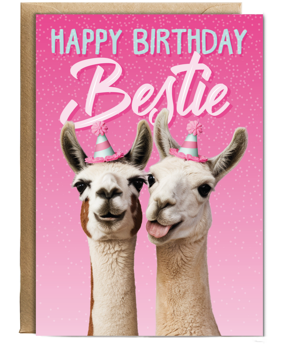 Silly Birthday Card for Bestie with Party Llamas