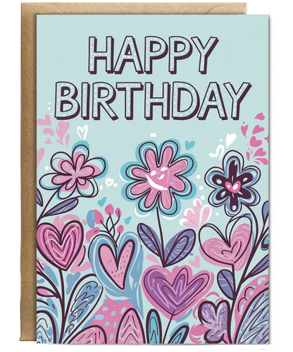 Happy Birthday Card bouquet flowers with hearts