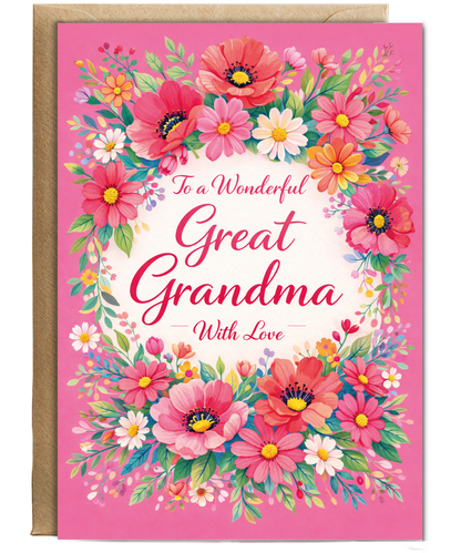 Great Grandma Birthday Card With Love and Bright Floral Wreath
