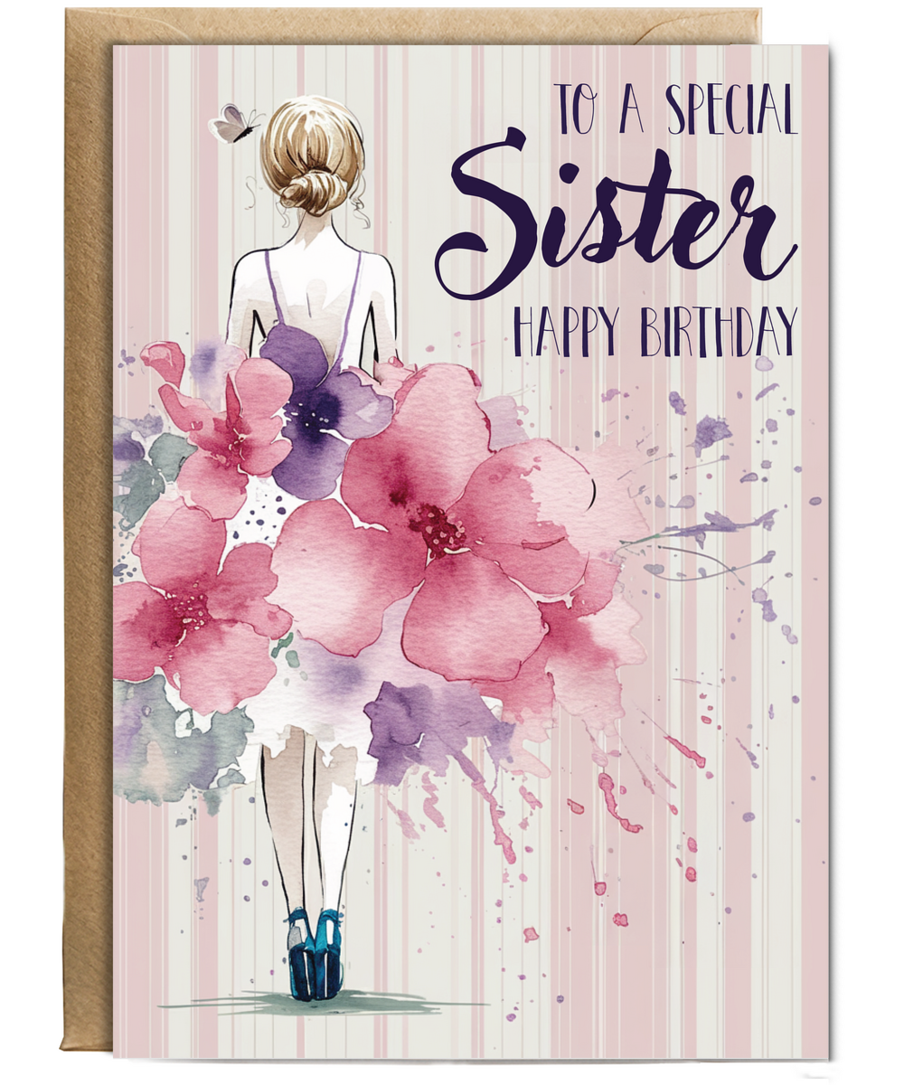 to a special sister happy birthday water coloured flower dress