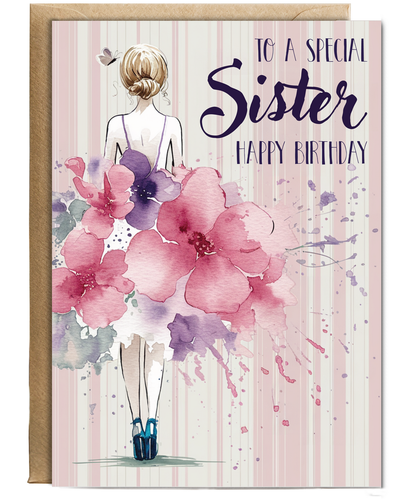 to a special sister happy birthday water coloured flower dress