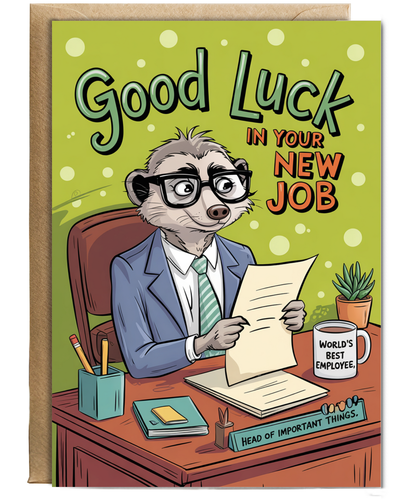 Good Luck in Your New Job Card with Cheerful Meerkat at Work