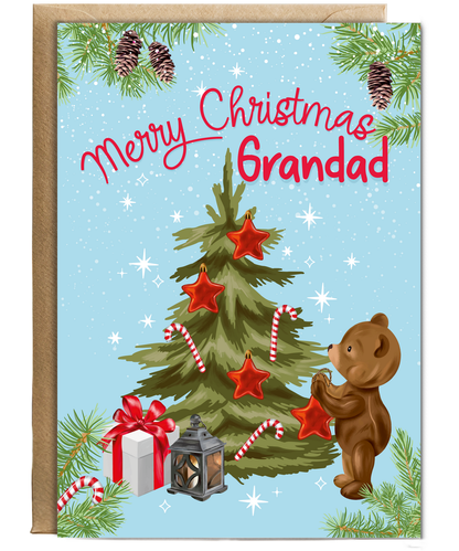 Merry Christmas Card for Grandad from Baby Bear Christmas Tree Decorating