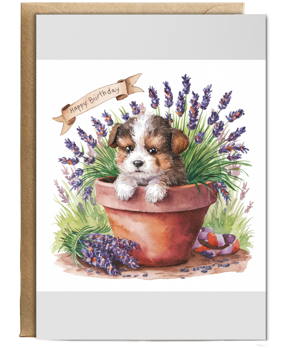 Happy Birthday cute dog plant pot lavender watercolour