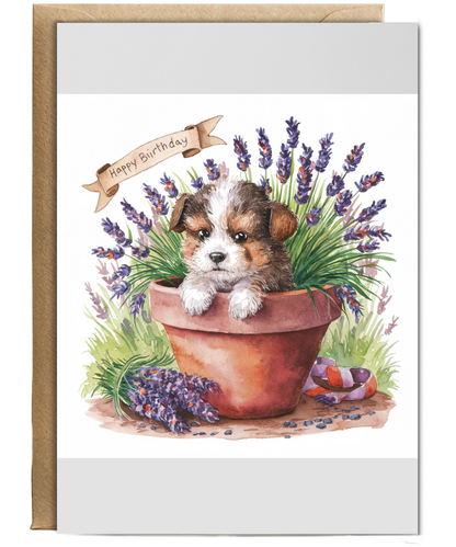 Happy Birthday cute dog plant pot lavender watercolour