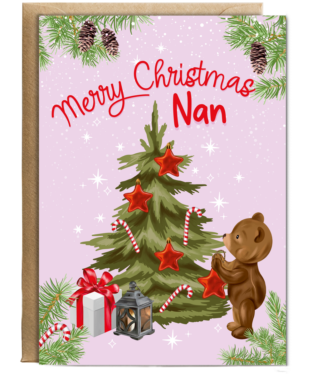 Merry Christmas Card for Nan from Baby Bear Christmas Tree Decorating