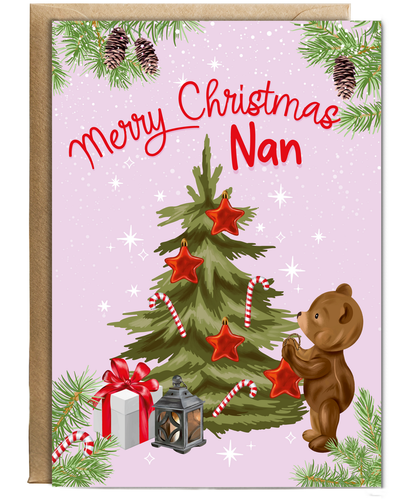 Merry Christmas Card for Nan from Baby Bear Christmas Tree Decorating