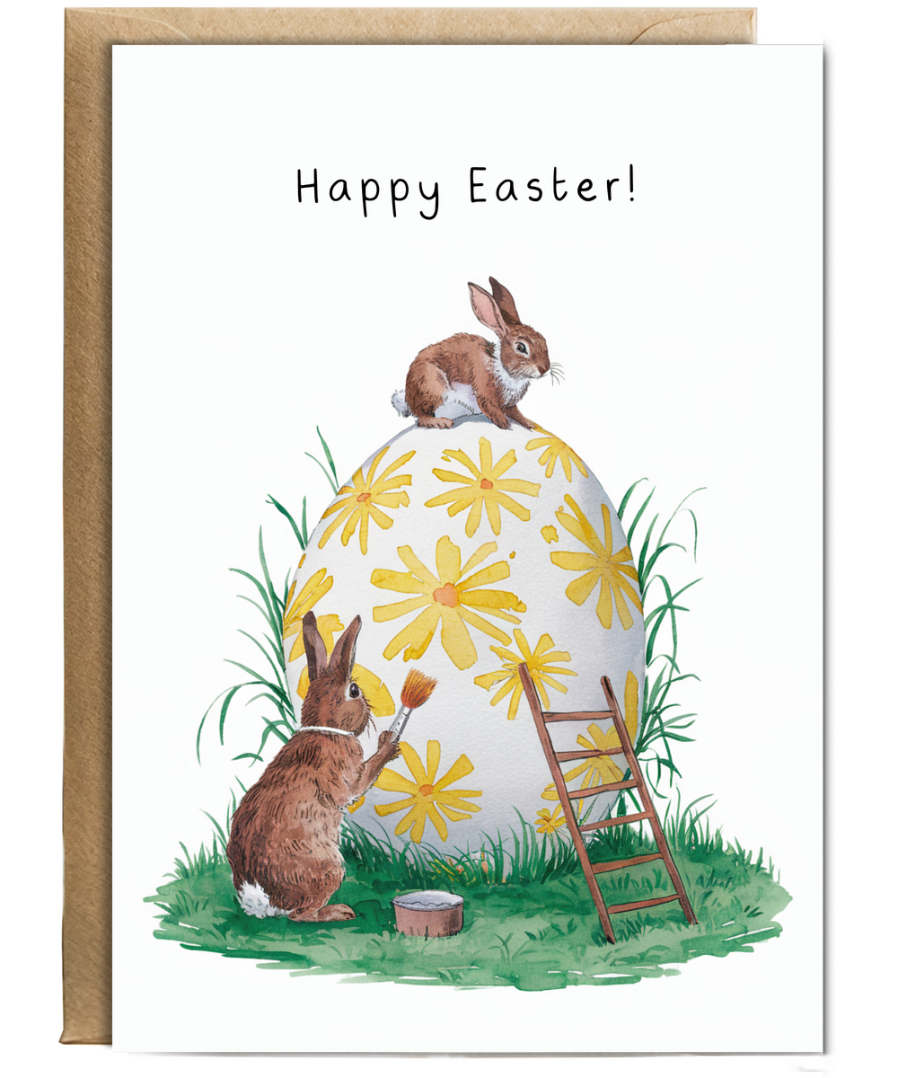 A Bunny Easter Card with Little Rabbits and Painted Eggs